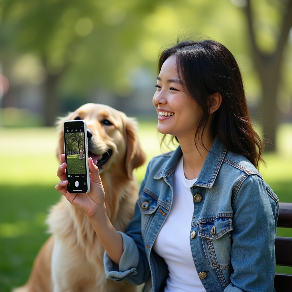 Pet sitter sending a photo update to a client on a smartphone, smiling warmly
