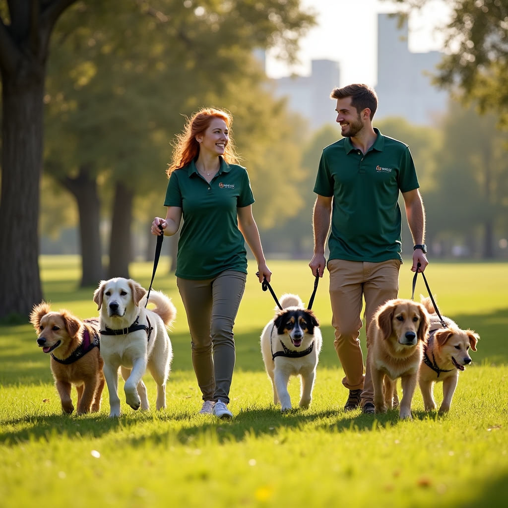 Two professional dog walkers walking a group of dogs together in a sunny park, smiling and coordinated