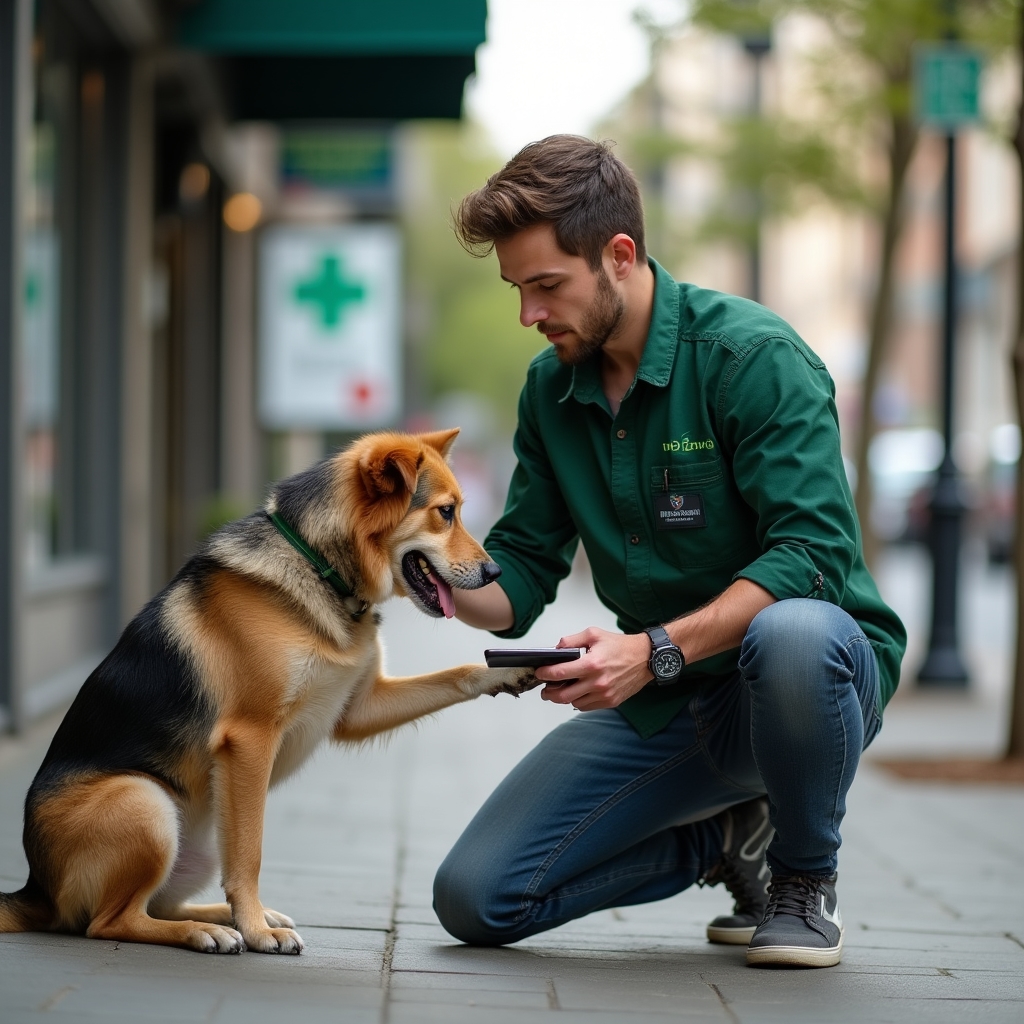 Dog walker kneeling beside a dog near a veterinary clinic entrance, looking attentive and calm