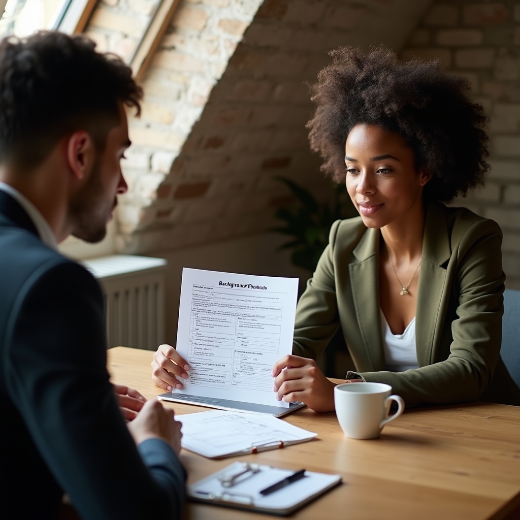 Interview process for hiring a new dog walker, reviewing documents at a desk