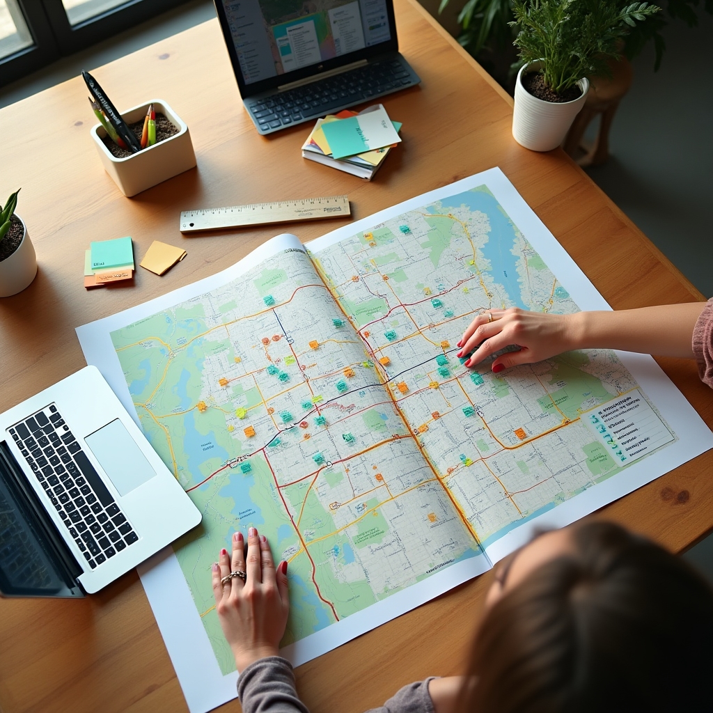 Aerial view of a neighborhood map with color-coded dog walking routes marked